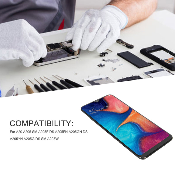 Skärmmontering Byte 6.4in Touch Display Reparation med Ram Full Tillbehör för A20 A205 SM A205F DS A205FN A205GN DS A205YN A205G DS SM A205W