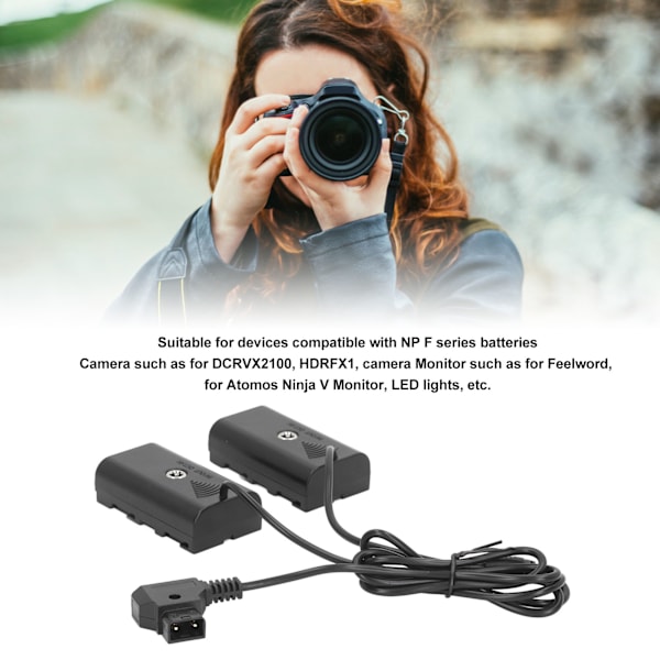 D Tap till NP F970 F570 F550 Dummy Batteri 2 i 1 DC Koppling LED Ljus Digitalkamera Dummy Batteri för Atomos Ninja V Monitor