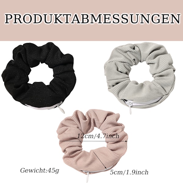 Hårband Scrunchies för Kvinnor, 3 st Premium Sammet Hårband med Dragkedja Ficka, Enfärgade Elastiska Tjocka Band, för Flickor