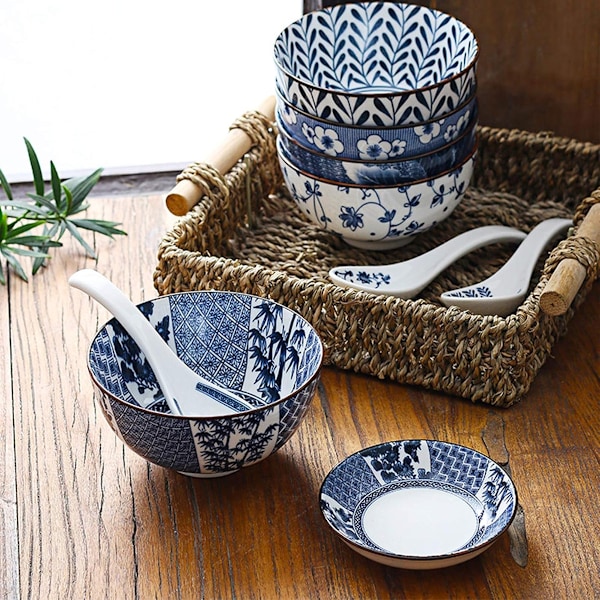 1 Set Keramiska Skålar, Japansk Stil Risskålar, Förtjockande Blå och vit porslinsskålar, Flingor Skålar för Kök, Lämplig för mikrovågsugn, ugnar, Style 2