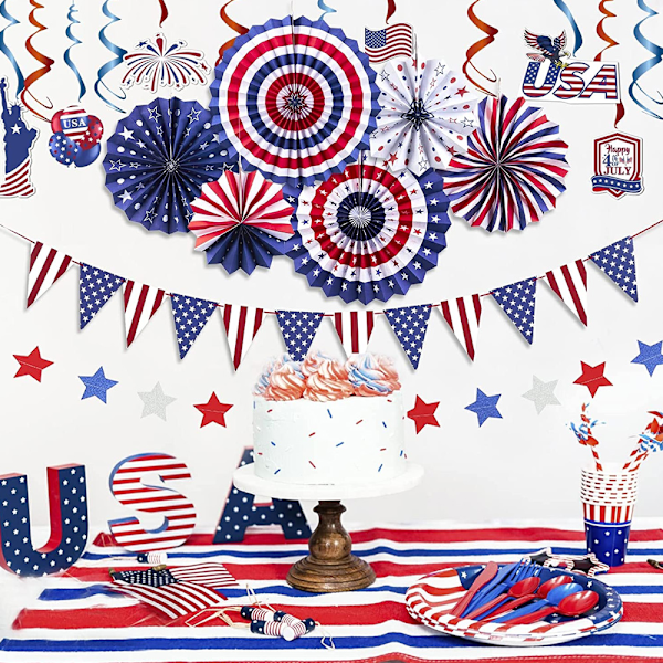 Fjärde Juli Dekorationer, Minnesvärda Röda Vita Blå Pappersfläktar För Patriotiska Firanden, Amerikansk Flaggbanner Förhöjer Uteplatsens Dekor,