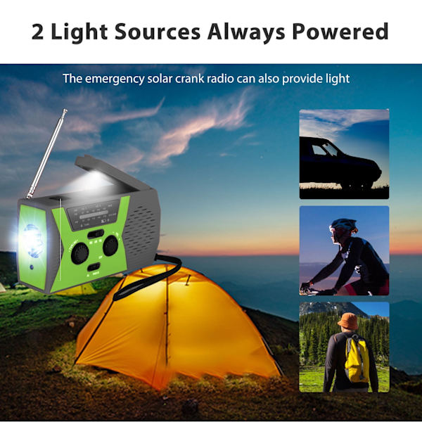Nödhandvevradio med 3 LED-ficklampa, AM/FM/NOAA bärbar väderradio med 2000mAh Power Bank telefonladdare, solenergi USB