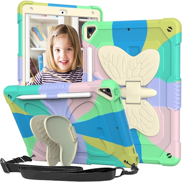 Kotelo iPad 9./8./7. sukupolven kotelolle, jossa on kynäteline, jalusta ja olkahihna, Butterfly iPad 10,2 tuuman kotelo 2021/2020/2019 iPad-kotelo - Värikäs