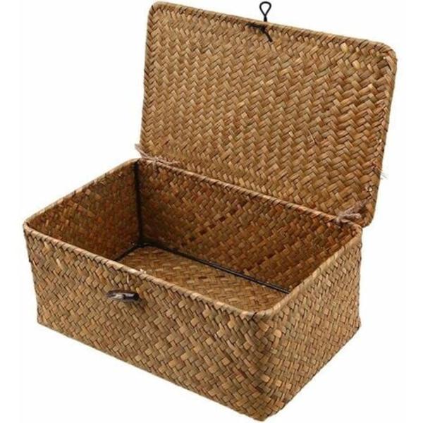 Flätad förvaringskorg i rotting med lock Sjögräs Tvättkorgar Makeup Organizer för badrum, vardagsrum, kök - Finns i 3 designer (S, M, L)