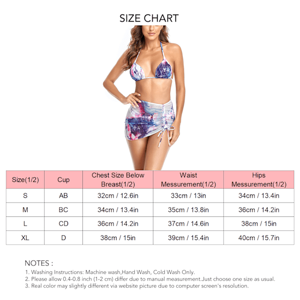 3-delad Split Bikini Blommig Halterneck Baddräkt med Mesh Cover Up Strandkjol Blå Rosa M