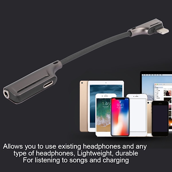 2 in 1 -kuulokkeiden lataussovitin, alumiiniseosliitin, Plug and Play, 3,5 mm:n kuulokeliitäntä IOS:lle, musta