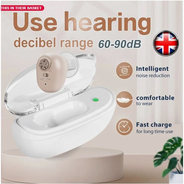 Avancerade hörselapparater med ljudbearbetning, anpassningsbar ljudvolym för mild till måttlig hörselnedsättning, diskret in-ear-design som säkerställer komfort hela dagen