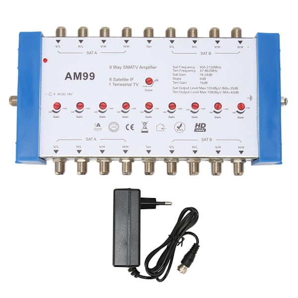 9-veis SMATV-forsterker Profesjonell Plug and Play Satellitt-TV-splitter for innendørs bruk 100‑240V EU-kontakt