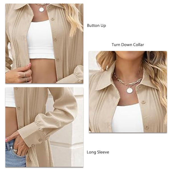 Dam Plisserad Långärmad Blus Nedvikt Krage Plisserad Casual Topp Mjuk Andningsbar Knäppning Enfärgad Stilren Blus Khaki L