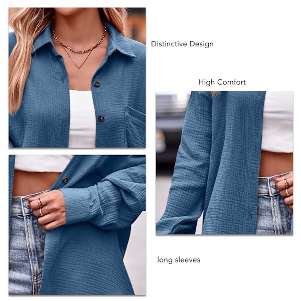Dam Casual Långärmad Enfärgad Skjorta V-ringad Knäppning Ned Lapel Krage Blus Toppar för Fest Shopping Resor Blå M