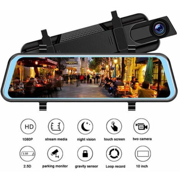 Backspegel och backkamera 10 dashcam med GPS, nattseende, G-sensor, loop-inspelning, parkeringsassistent, parkeringsläge [1080P, 170°