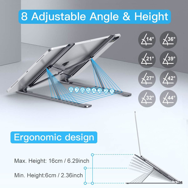 Ergonomisk Design, Justerbart Laptopställ för Skrivbord, 8 Höjdnivåer Från 6 cm Till 16 cm, Bred Kompatibilitet Med Upp Till 17 Tum