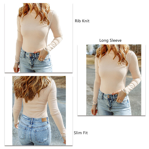 Dam Ribbstickad Slim Fit Topp Långärmad Enfärgad Blus Trendig Bas Tröja Aprikos 3XL