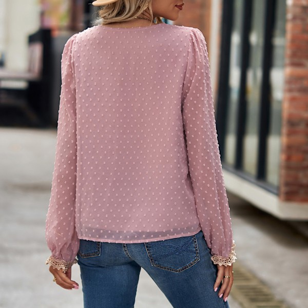 Dam Blus Lös Spetsmanschett Långärmad Spetskant Djup V-ringning Jacquard Blus för Kvinnor Rosa L