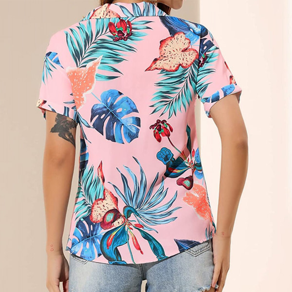 Kortärmad Skjorta med Nedvikt Krage Dam Casual Elegant Knäppning Blommigt Tryck Topp Blus för Strandfest Rosa M