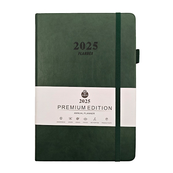 2025 Kalender - Daglig, Veckovis & Månatlig Inbunden Kalender, Dagligt Schema, Månadsflikar, 100 GSM Tjockt Papper, Läderomslag Dark green