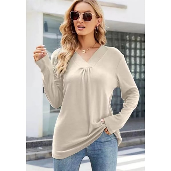 Skjorta dam långärmad T-shirt V-ringad plisserad topp tunika Khaki 2XL