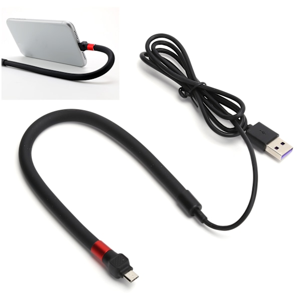 Mobiltelefon Stativ Upp Snabbladdning Kabel Flexibel Telefonhållare Micro USB DatakabelSvart