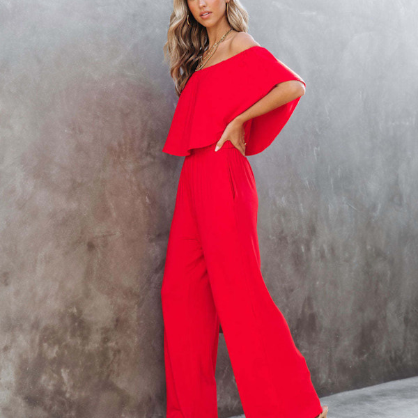 Dam Off Shoulder Jumpsuit Vida Ben Enkel Mönster Elegant Trendig Lös Bekväm Sommar Jumpsuit XL Röd