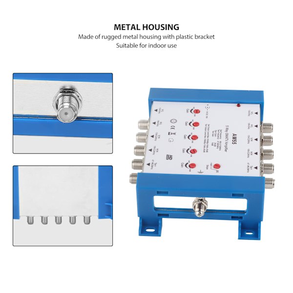 5-vägs kabeldelare med hög isolering, metallhölje, 10dB returförlust, TV-antennförstärkare för inomhusbruk, 100‑240V EU-kontakt