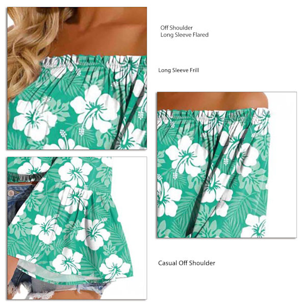 Dam Off Shoulder Topp Casual Utsvängd Långärmad Volang Blus Rynkad Lös Elegant Skjorta Grön M