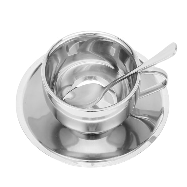 Kaffe Mugg Rostfritt Stål Dubbelskikts Isolering Mjölk Mugg med Sked Fat Underlägg Hushåll(Silver 180ML)