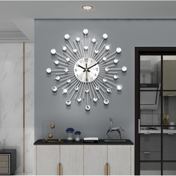 Lyxig Elegant Design, 3D Kristallväggklocka Med Glittrande Bling, Silver Väggdekor, Tyst Icke-Tickande Urverk För Mångsidig Rumsdekor