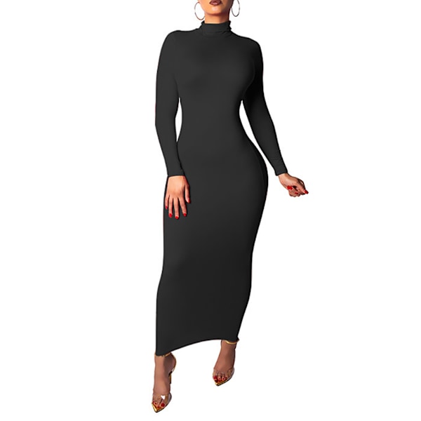 Höst och Vinter Dam Färg Långärmad Polokrage Bodycon Maxiklänning Slim Sexig Lång Klänning för Vardagsbruk Plus Storlek S-2X