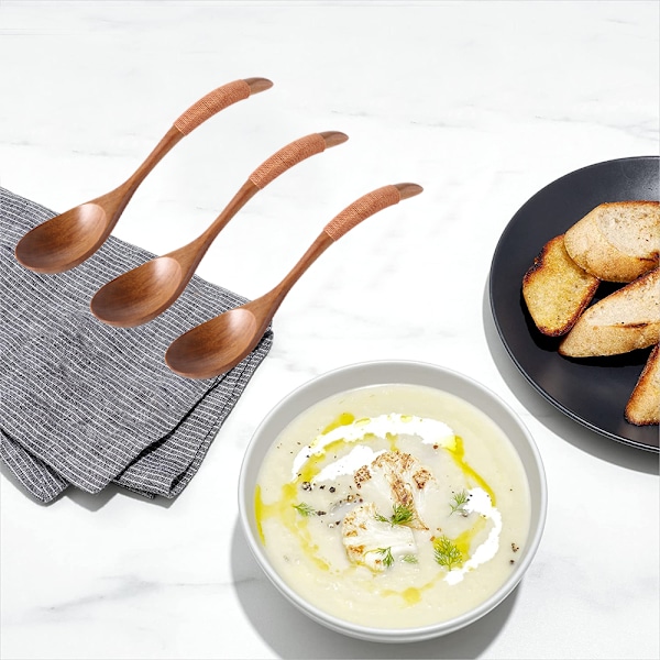Træske med langt håndtag, solid træ risske, dessertske, håndlavet ske og gaffel bestik