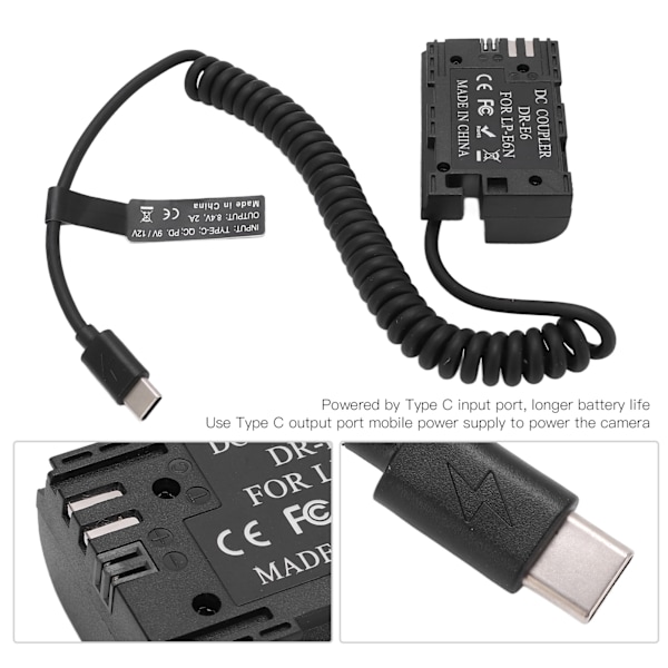 Type C LPE6 täysin dekoodattu dummy-akku DC-liitin virtalähde 5D4 6D2 7D -kameroille