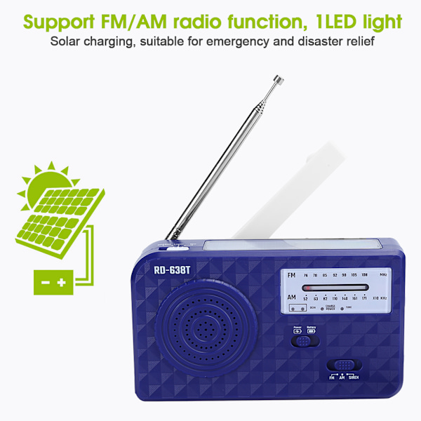 RD638 ABS Solenergi Nød Multifunksjon Håndsveiv Radio Støtte FM/AM FunksjonBlå