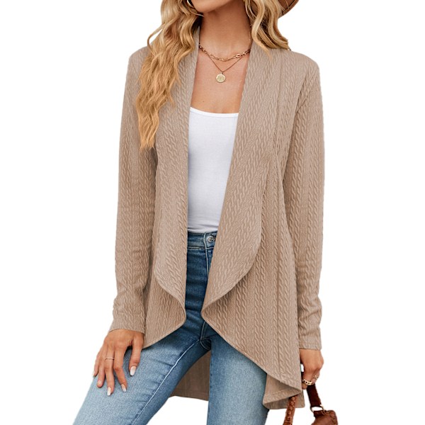 Öppen Fram Outwear Långärmad Lös Passform Enfärgad Casual Dam Stickad Kappa för Dagligt Arbete Resor Khaki XL
