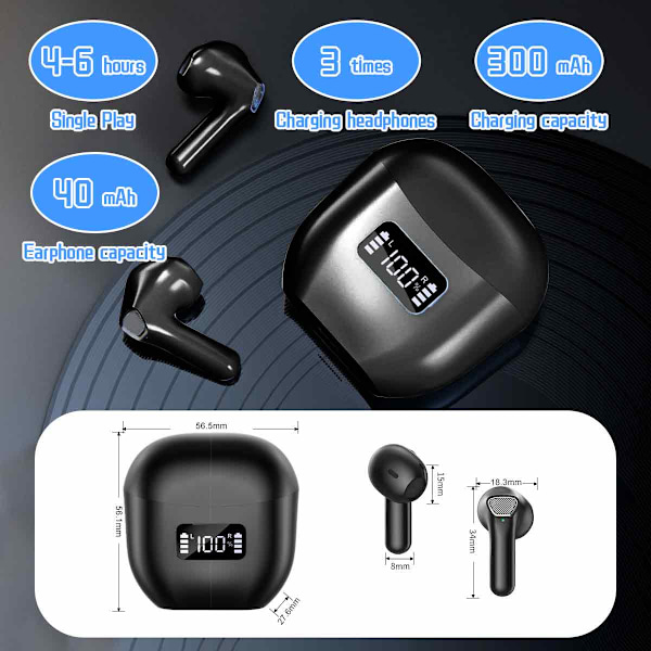 Bluetooth Hörlurar Ergonomisk Design, Trådlösa Hörlurar Brusreducering Hi-Fi Stereo för Långa Lyssningstillfällen (Svart)