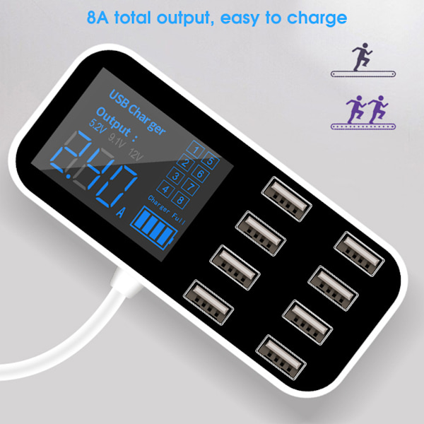 Ultrathin USB-biltelefonlader med 8 porter, direkte lading fra sigarettenneren