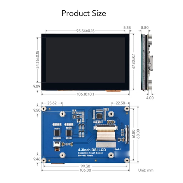 4,3 tommer QLED-touchskærm 78%NTSC dæmpbar 160 graders visuel 4,3 tommer DSI QLED-skærm til RasPi Pi4B/3B+/3A+/3B/2B+/A+