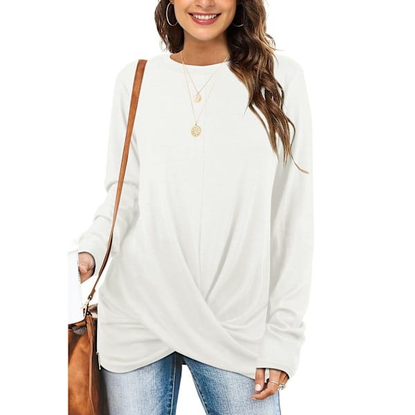 Blus Långärmad Rund Hals Enfärgad Twist Knut Casual Bekväma Toppar för Kvinnor Vit S