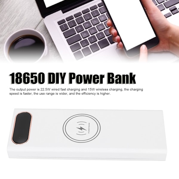 L10 10x18650 DIY Power Bank 22.5W Nopea lataus 15W Langaton lataus Akun kotelo LCD-näytöllä ja Micro Type C -tulo Valkoinen