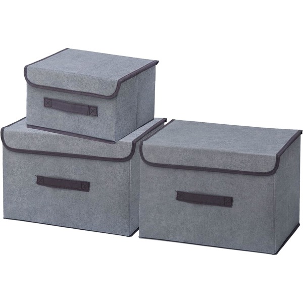 Storage Box with Lids, Baskets and Collapsible Storage Boxes Set of 3 for Clothes, Toys, Books, Cosmetics (Grey) READCLY