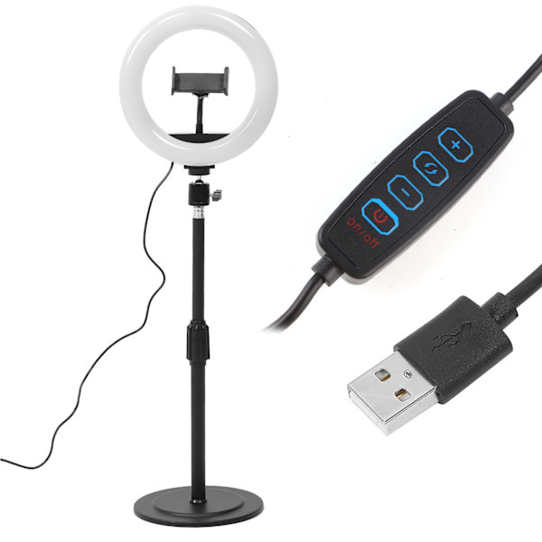 Suoraan lähetettävä USB-rengastäyttövalo himmennettävällä LED-lampulla ja matkapuhelinklipsipidikkeellä