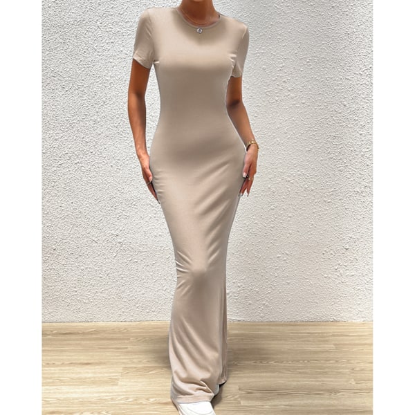 Dam Kortärmad Bodycon Maxiklänning Rund Hals Fiskejärt Fåll Casual Slim Fit Midiklänning Khaki L