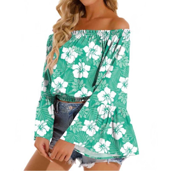Dam Off Shoulder Topp Casual Utsvängd Långärmad Volang Blus Rynkad Lös Elegant Skjorta Grön M