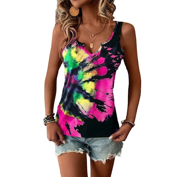 Dam V-ringad Tank Top Vacker Batik Lös Passform Sommar Ärmlös Väst för Vardagsbruk Rosröd M