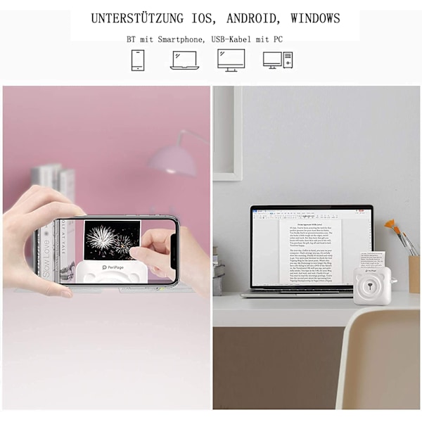 Multifunktionsskrivare, bläckfri termisk utskrift för iOS & Android, portabel mobil skrivare, anpassningsbara etiketter, tydlig utskrift, Bluetooth 4.0