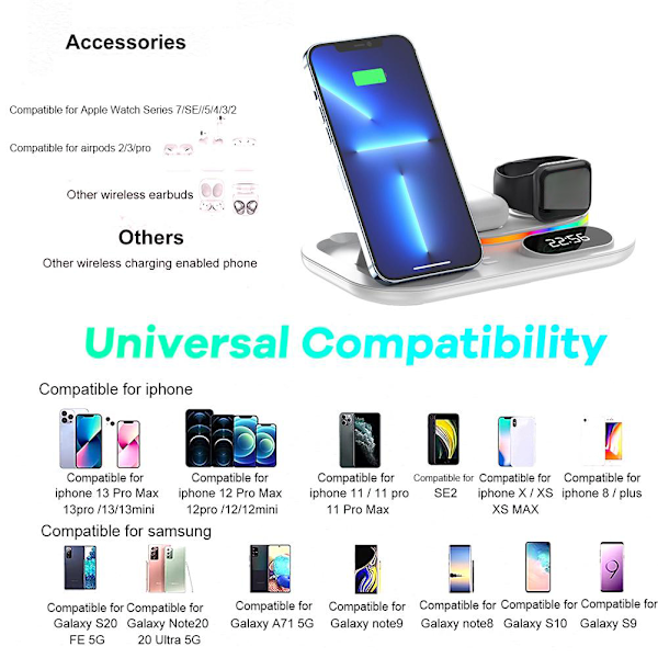 Trådlös laddningsstation 4 i 1 Snabbladdningsstation Trådlös laddare Stativ Kompatibel för IPhone 13 12 3 2 Pro IWatch 7 6 5 SE 4 3 2 1 för Samsung