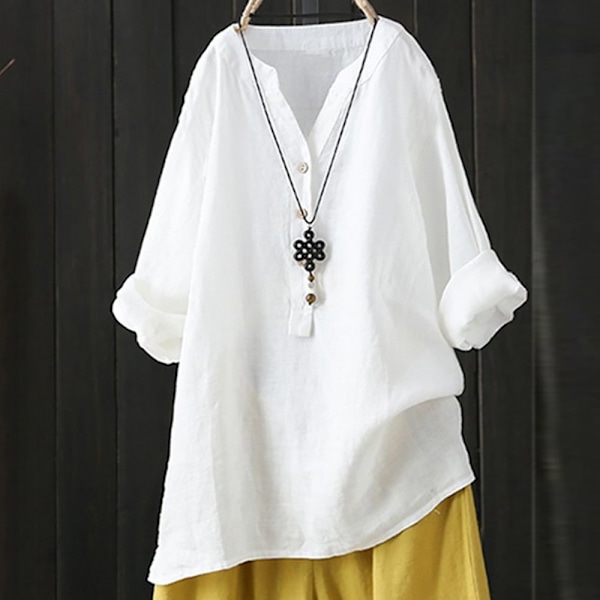 Dam Sommar Gypsy Baggy Tunika Toppar Skjorta Långärmad Blus Plus Size Vit XXXXL