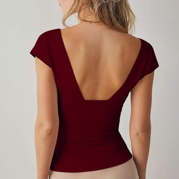 Kortärmad Djup V-ringad Topp Dam Casual Elegant Enfärgad Slim Fit Skjorta för Kontorsarbete Dejting Vinröd XL