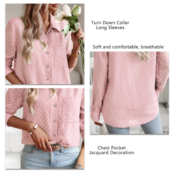 Dam Långärmad Knäppblus Nedvikt Krage Bröstficka Enfärgad Jacquard Skjorta Topp Rosa S