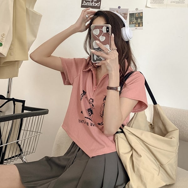 Kortärmad blus med asymmetrisk fåll, nedvikt krage, dragkedja, tryckt kortärmad blus för kvinnor, damer, flickor, rosa L