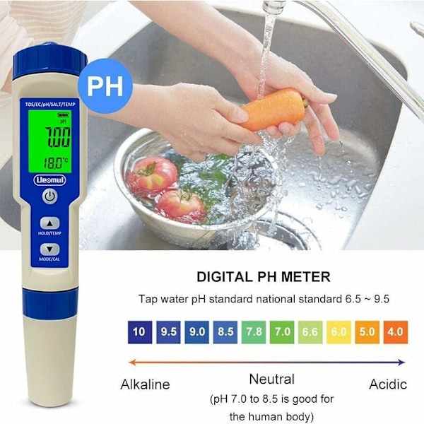 Digital salthaltsmätare, pH-testare med hög noggrannhet och automatisk temperaturkompensation (ATC) för söt- och saltvatten, idealisk för vattenentusiaster