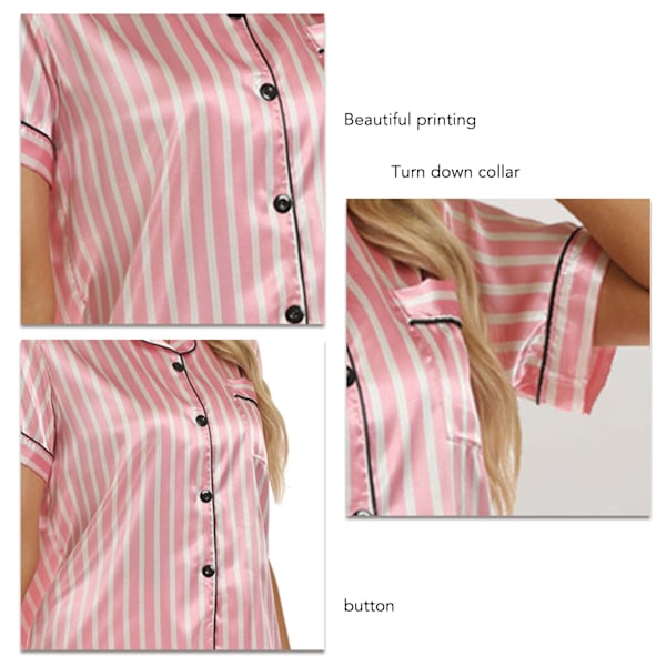 Dam Kortärmad Pyjamas Set Nedvikt Krage Vackert Tryck Tvådelad Topp Shorts Nattkläder Rosa Rand L